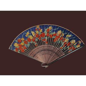 Japanese Hand Painted Accordion Hand Held Fan 1950's With Vibrant Floral Design